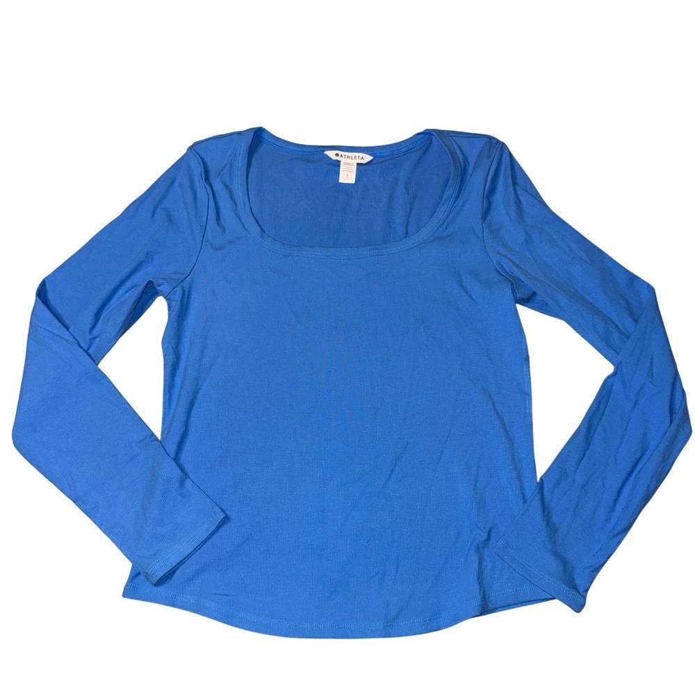 Athleta Signature Rib square neck Long Sleeve Top Large Blue ultramarine